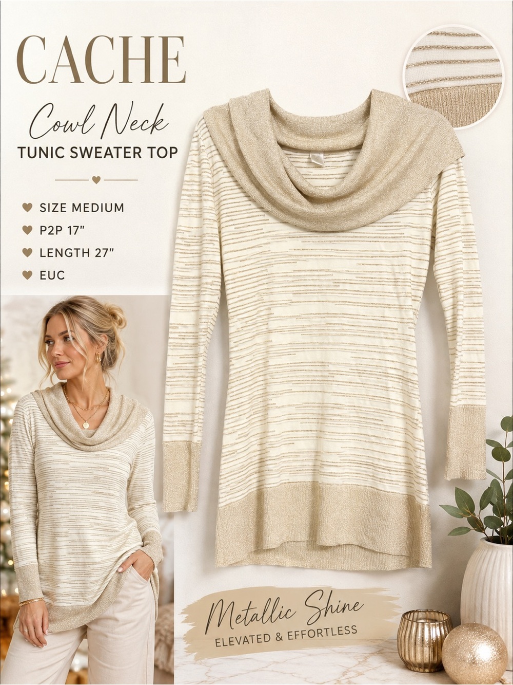 CACHE Metallic Shine Cream Cowl Neck Tunic Sweater Size M Shimmer Holidays NYE